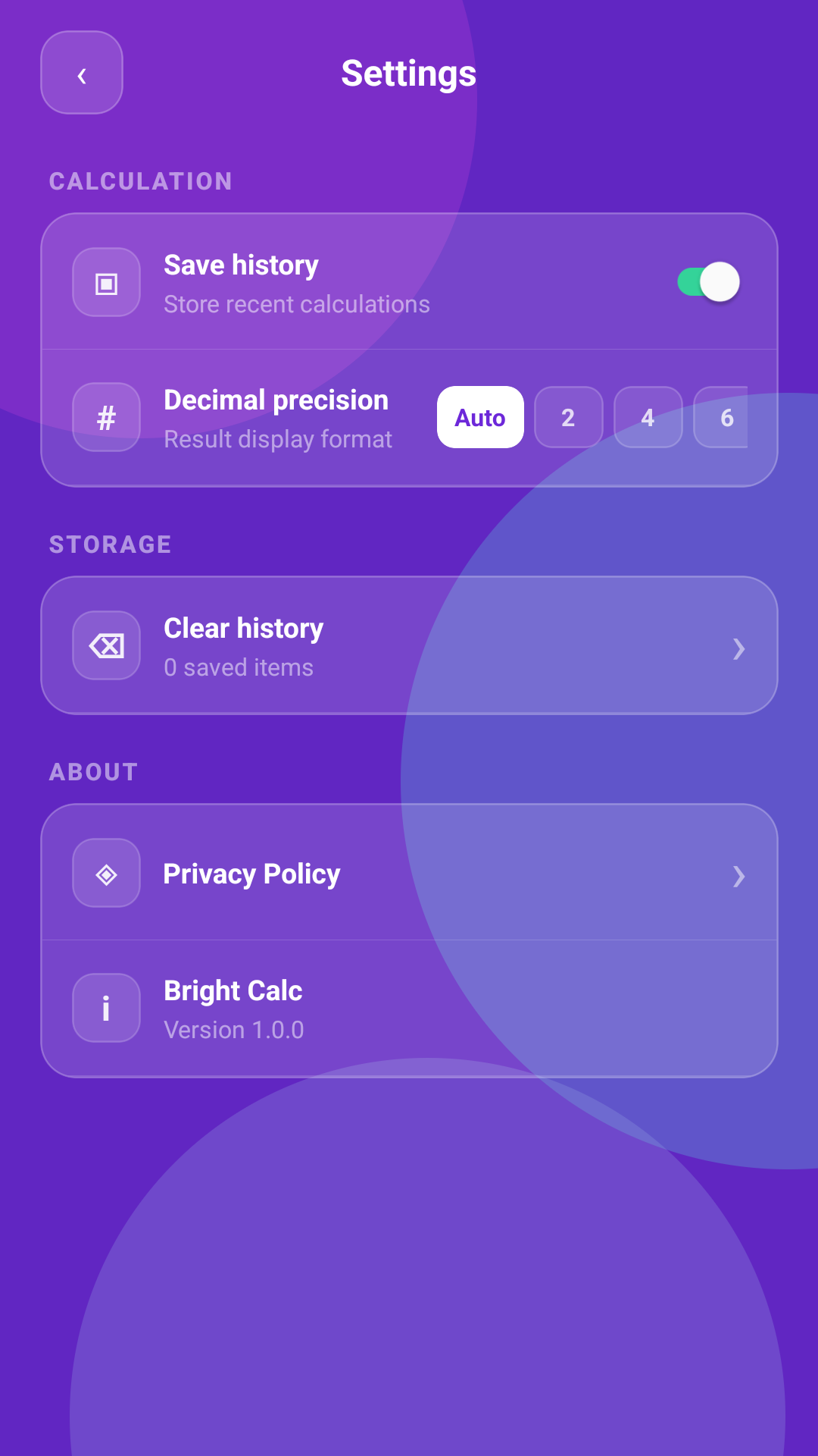 Bright Calc settings screen